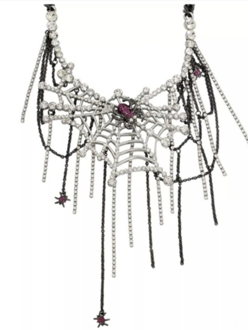 👉✨️ Betsey Johnson Silver & Black Spiderweb Necklace with Pink Stones